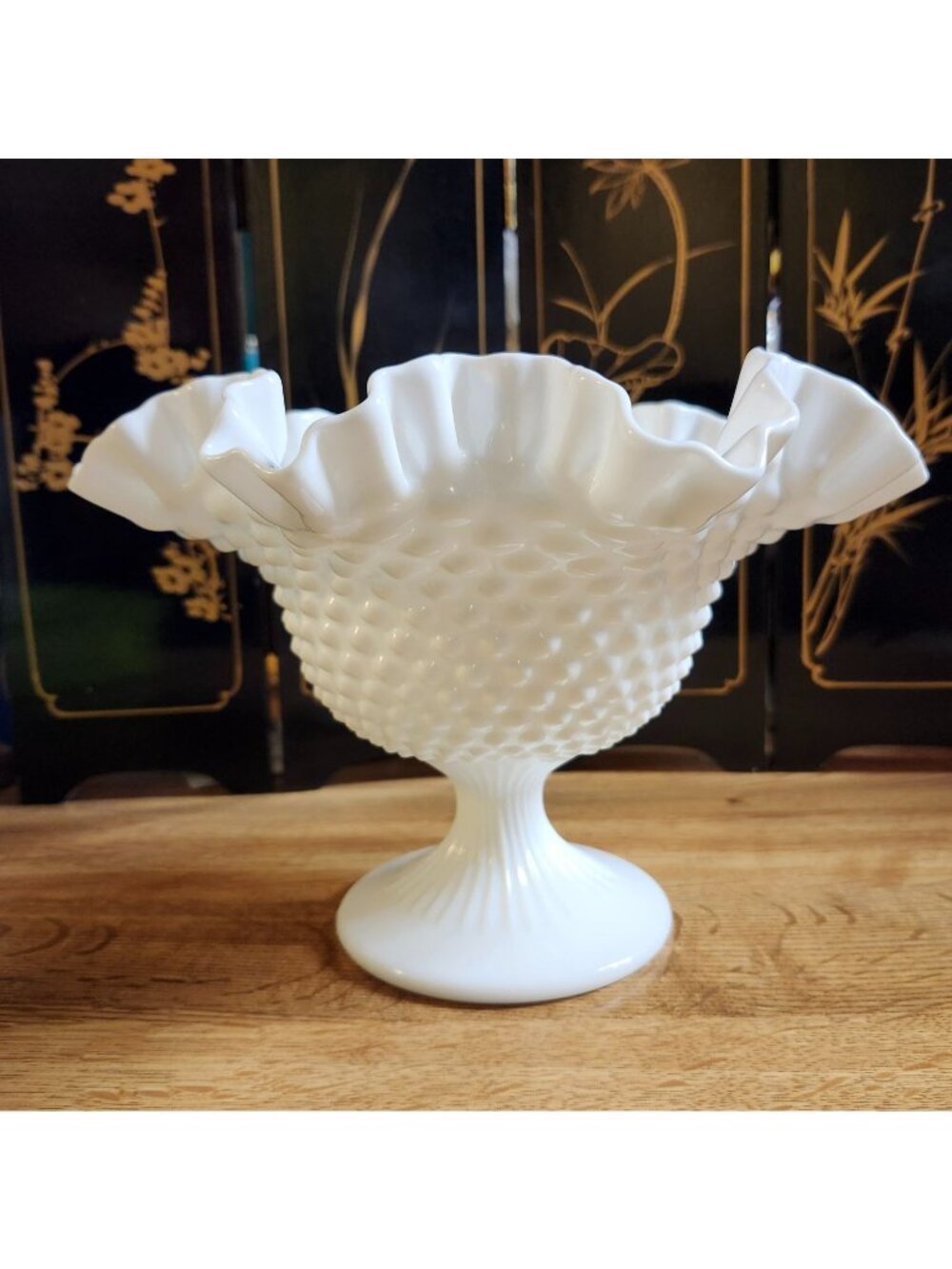 Fenton Hobnail Pedestal Ruffle Top Open Compote White Milk Glass